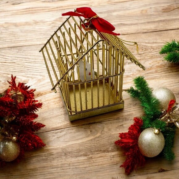 Vintage Gold Tone Miniature Birdcage Christmas Tree Ornament with White Dove - Picture 1 of 7
